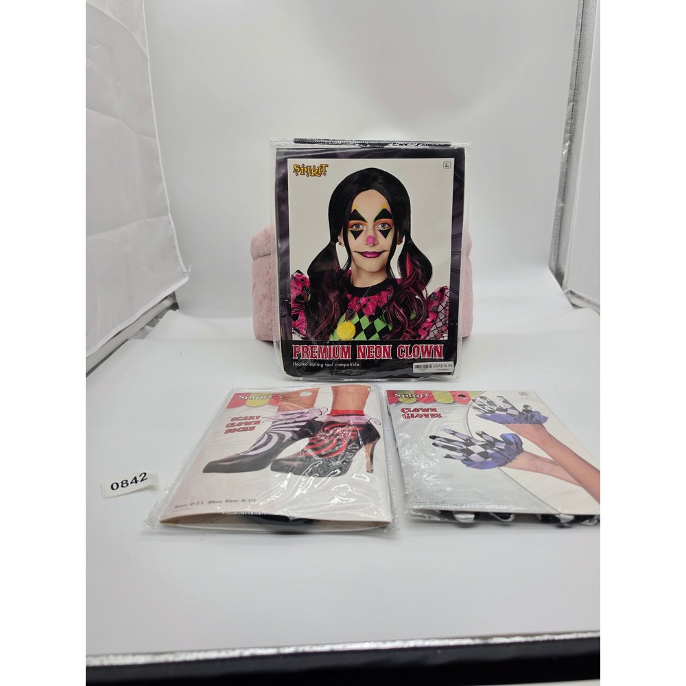 Spirit Halloween Premium Neon Clown Wig Gloves & Socks Accessory Bundle Set NEW